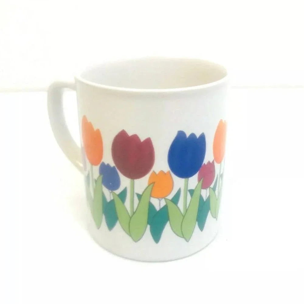 Vintage Coffee Mug Tulips Spring Flowers Cup Blue Red Green Yellow